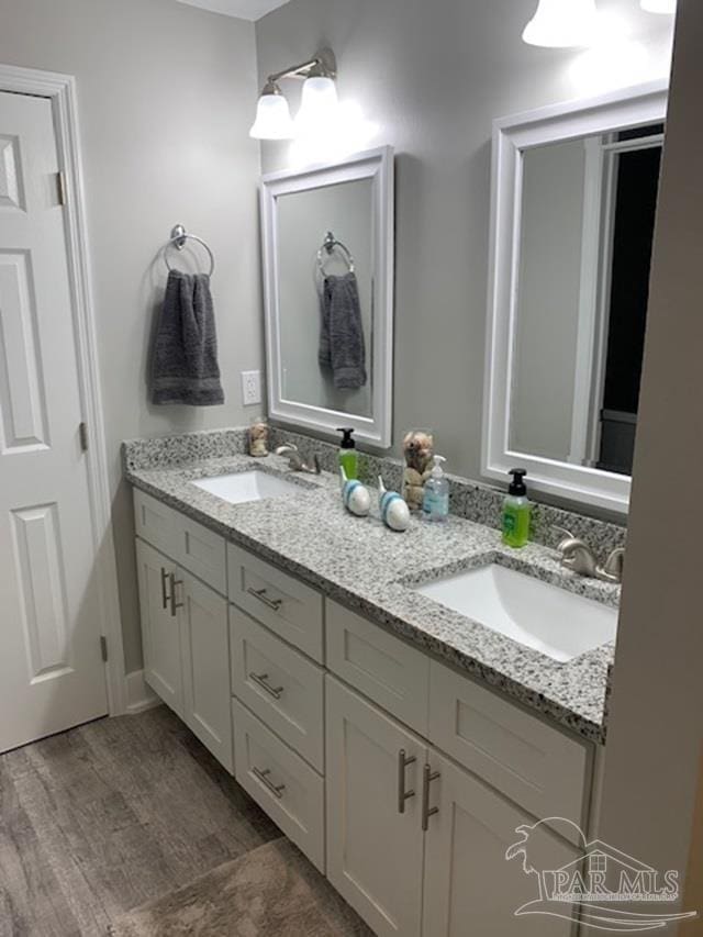 bathroom with vanity and wood-type flooring