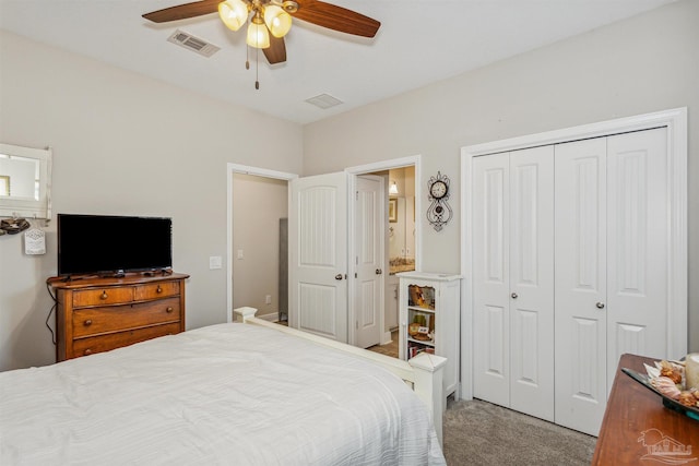 bedroom with ceiling fan, a closet, and carpet flooring