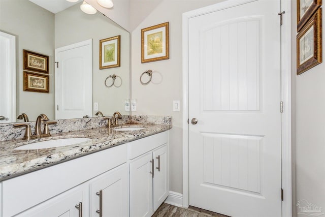 bathroom with wood-type flooring and vanity