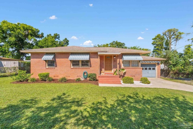 ranch-style house with a garage, concrete driveway, brick siding, and a front lawn