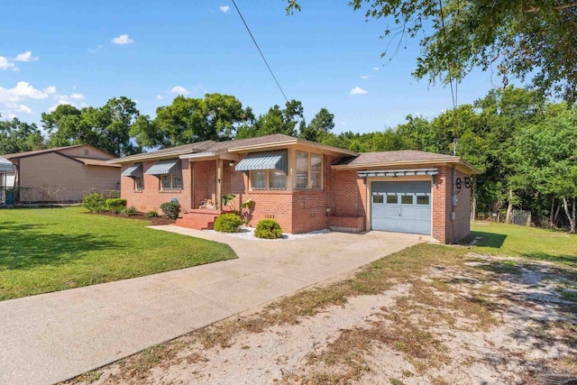 ranch-style house featuring an attached garage, brick siding, driveway, and a front lawn