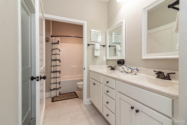 full bathroom with toilet, vanity, tile patterned floors, and shower / bathtub combination with curtain