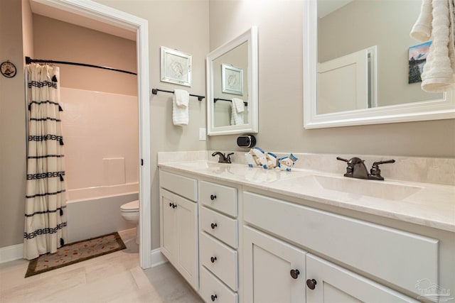 full bathroom featuring toilet, vanity, tile patterned floors, and shower / bath combination with curtain