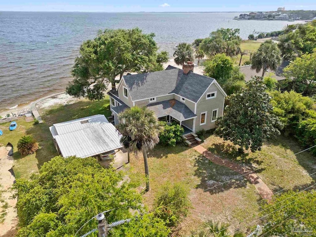 aerial view featuring a water view