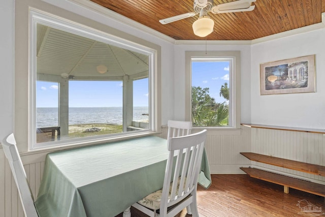 sunroom / solarium with a water view