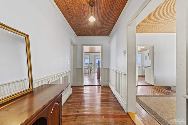 hallway featuring wooden ceiling, a wainscoted wall, wood-type flooring, and crown molding