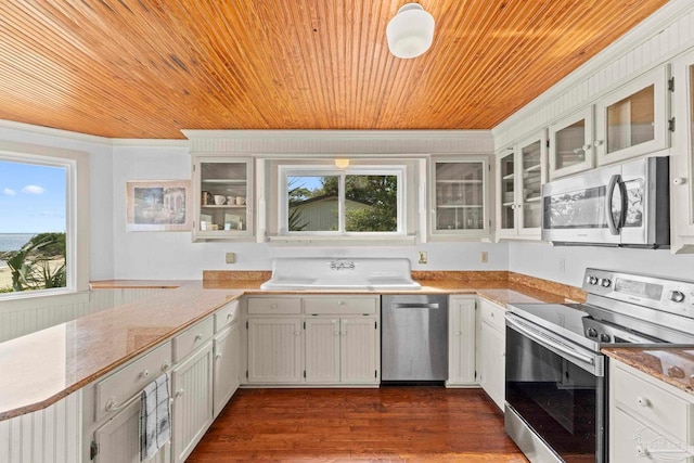 kitchen featuring ornamental molding, plenty of natural light, appliances with stainless steel finishes, and a sink