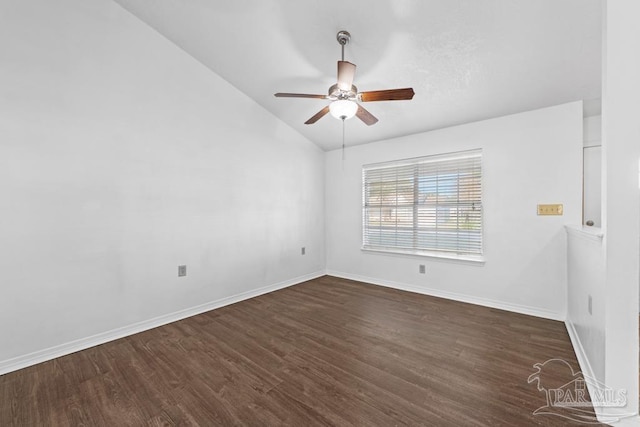 unfurnished room with dark wood-type flooring, ceiling fan, and lofted ceiling