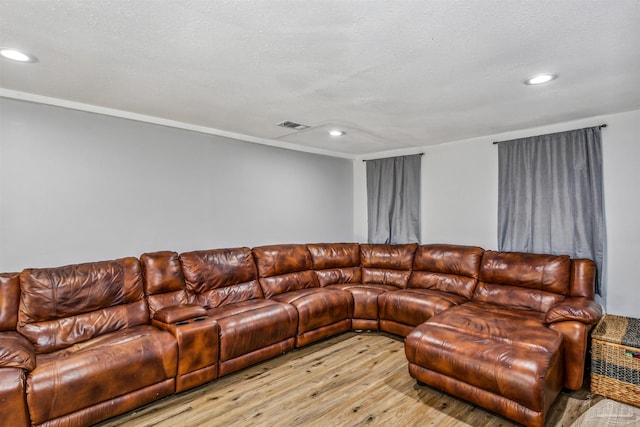 living room with light hardwood / wood-style floors and a textured ceiling