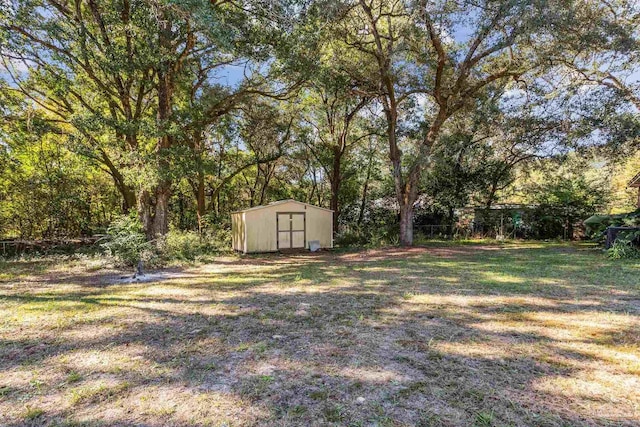 view of yard featuring a storage shed