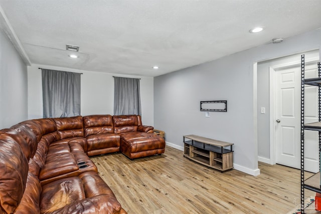 living room featuring a textured ceiling and light hardwood / wood-style flooring