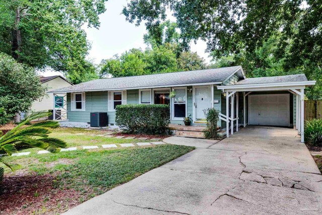 single story home with a carport and central air condition unit