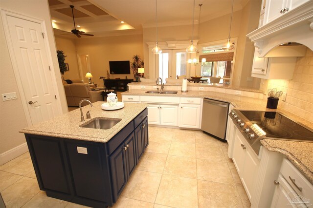 kitchen featuring dishwasher, crown molding, electric stovetop, and a sink