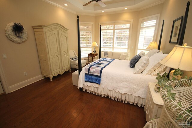 bedroom featuring baseboards, recessed lighting, ornamental molding, and dark wood finished floors