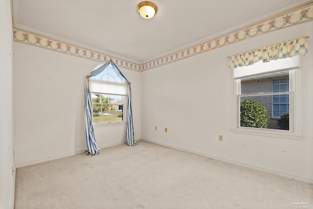 unfurnished room with light carpet, a healthy amount of sunlight, and crown molding