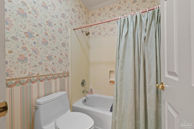 bathroom featuring toilet, ornamental molding, and shower / bathtub combination with curtain