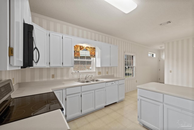 kitchen with sink, a textured ceiling, white cabinetry, dishwasher, and electric range