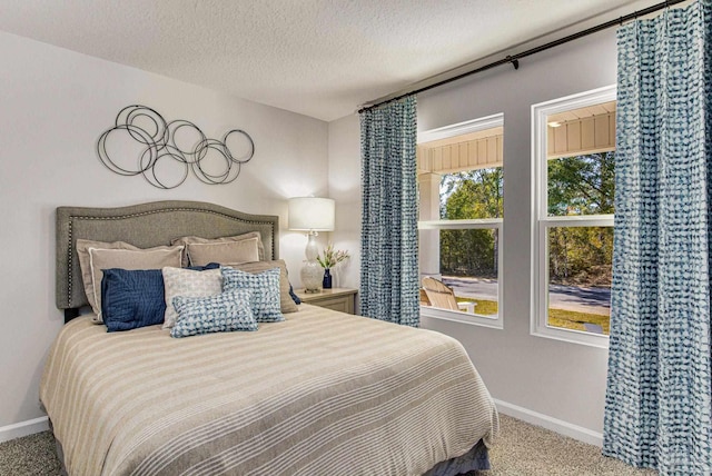 bedroom with carpet and a textured ceiling