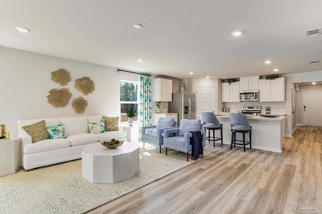 living room featuring light hardwood / wood-style floors and a textured ceiling