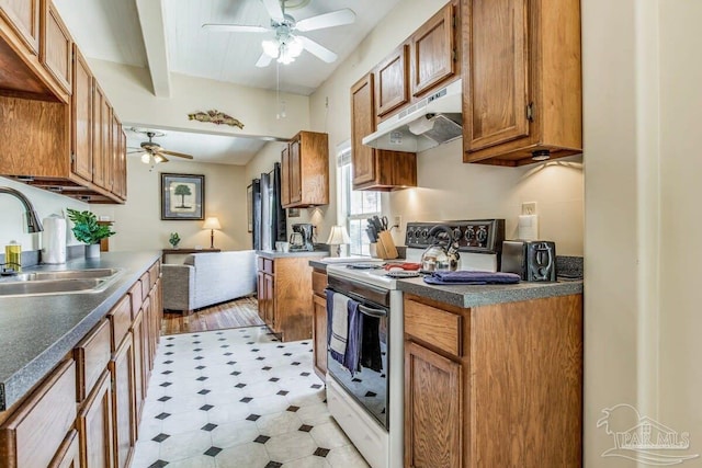 kitchen with light hardwood / wood-style flooring, sink, white electric range oven, ceiling fan, and beam ceiling