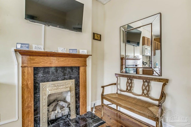 sitting room featuring dark wood-type flooring and a fireplace