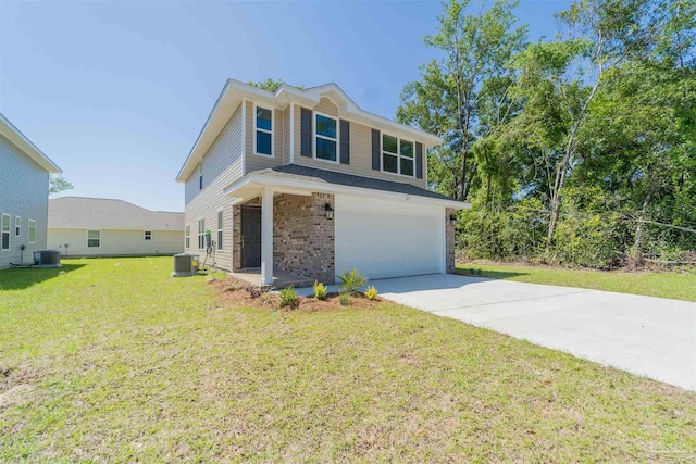 view of front of property featuring central AC, a front lawn, and a garage