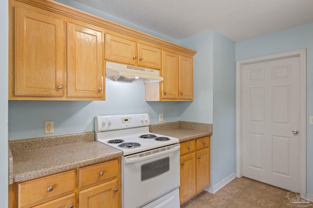 kitchen with white electric range, light countertops, baseboards, and under cabinet range hood
