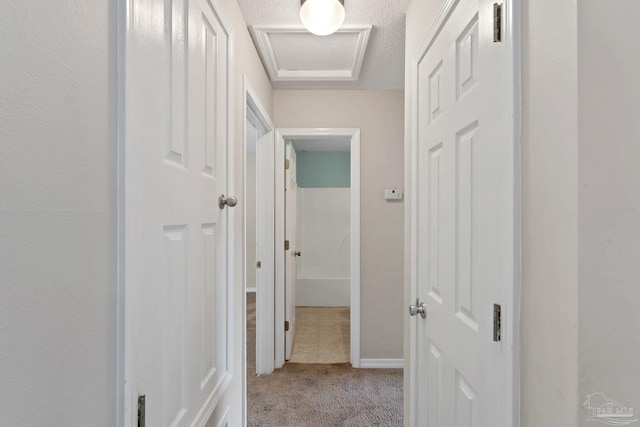 hallway featuring baseboards, attic access, carpet, and a textured ceiling