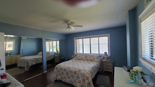 bedroom with ceiling fan, multiple windows, wood finished floors, and a textured ceiling