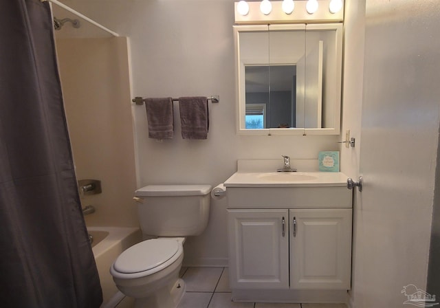 bathroom featuring toilet, tile patterned flooring, shower / bath combination with curtain, and vanity