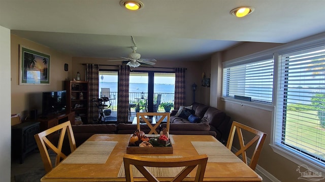 dining room featuring ceiling fan and recessed lighting