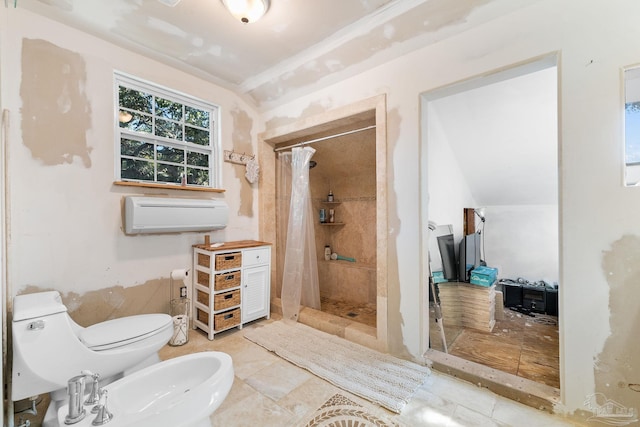 bathroom featuring walk in shower, a bidet, toilet, and an AC wall unit