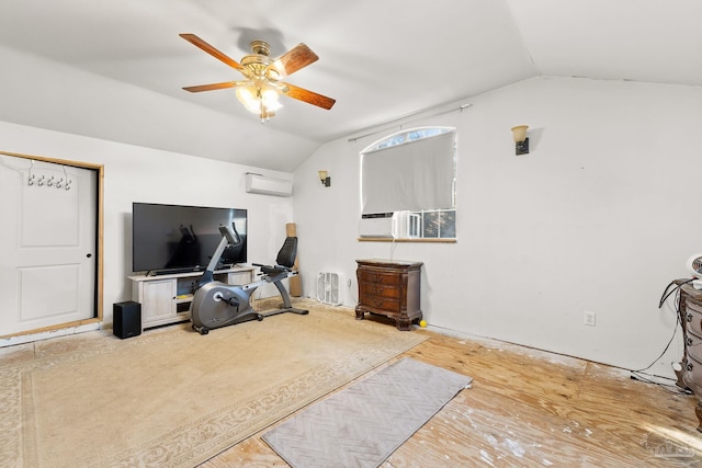 interior space with ceiling fan, lofted ceiling, and an AC wall unit