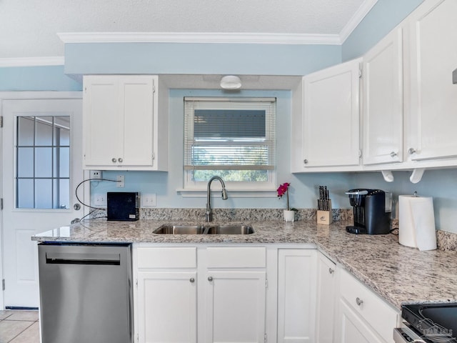 kitchen featuring white cabinetry, dishwasher, sink, ornamental molding, and light stone counters