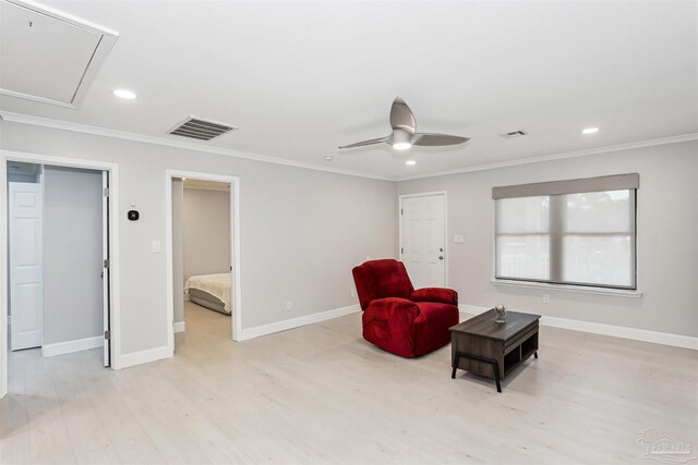 sitting room featuring visible vents, attic access, recessed lighting, a ceiling fan, and light wood-style flooring