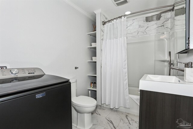 full bathroom with crown molding, toilet, marble finish floor, washer / dryer, and shower / bathtub combination with curtain