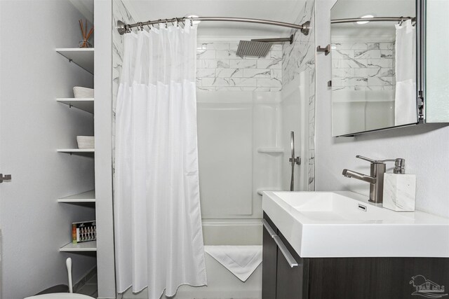 full bathroom with vanity and shower / tub combo with curtain