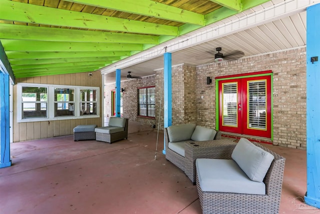 view of patio / terrace featuring french doors, outdoor lounge area, and a ceiling fan
