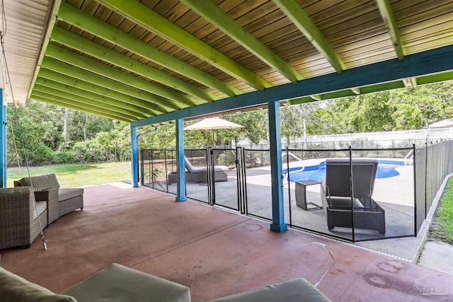 view of patio with a fenced in pool and a fenced backyard