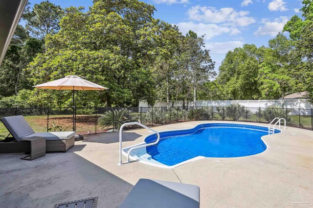view of swimming pool featuring a patio, a fenced in pool, and a fenced backyard