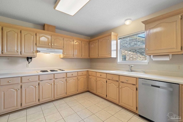 kitchen featuring dishwasher, light tile patterned floors, white gas cooktop, and sink