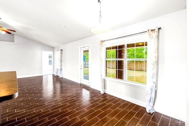 11532 Aruba Dr, Pensacola, FL 32506 - spare room with baseboards, ceiling fan, vaulted ceiling, and wood finished floors