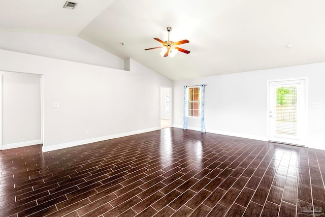 11532 Aruba Dr, Pensacola, FL 32506 - unfurnished living room featuring baseboards, ceiling fan, visible vents, and lofted ceiling
