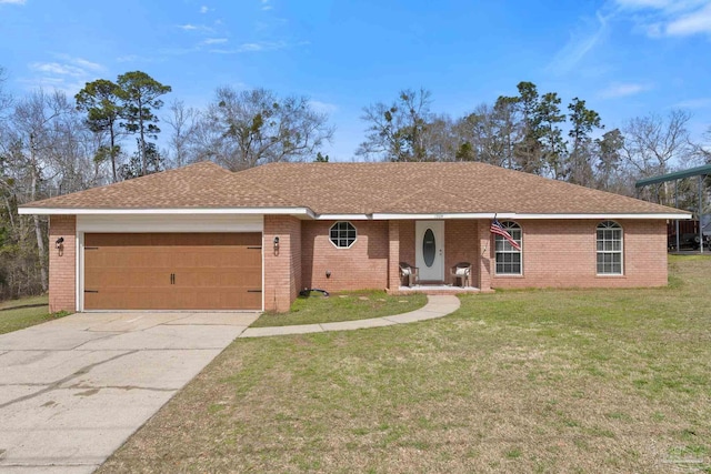 single story home featuring an attached garage, driveway, brick siding, and a front yard