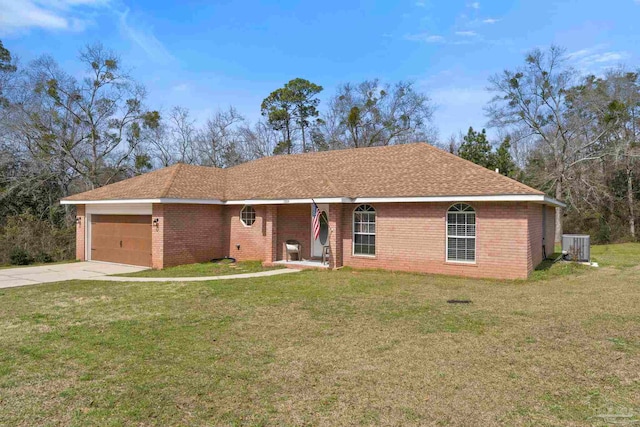 ranch-style house featuring a garage, driveway, a front lawn, and brick siding