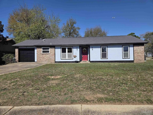 ranch-style home with brick siding, concrete driveway, a garage, and a front yard