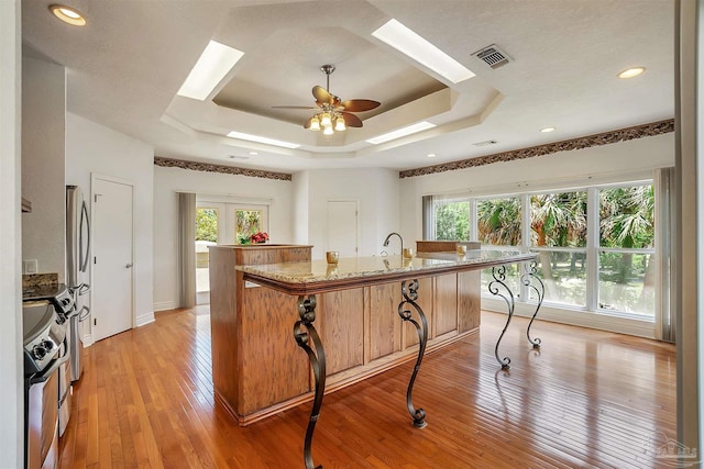 7208 Bayshore Dr, Milton, FL 32583 - kitchen featuring a skylight, stainless steel appliances, healthy amount of natural light, a tray ceiling, and recessed lighting