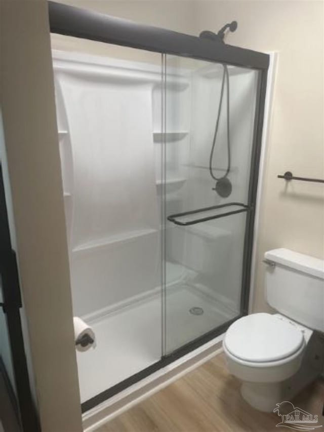 bathroom with walk in shower, hardwood / wood-style flooring, and toilet