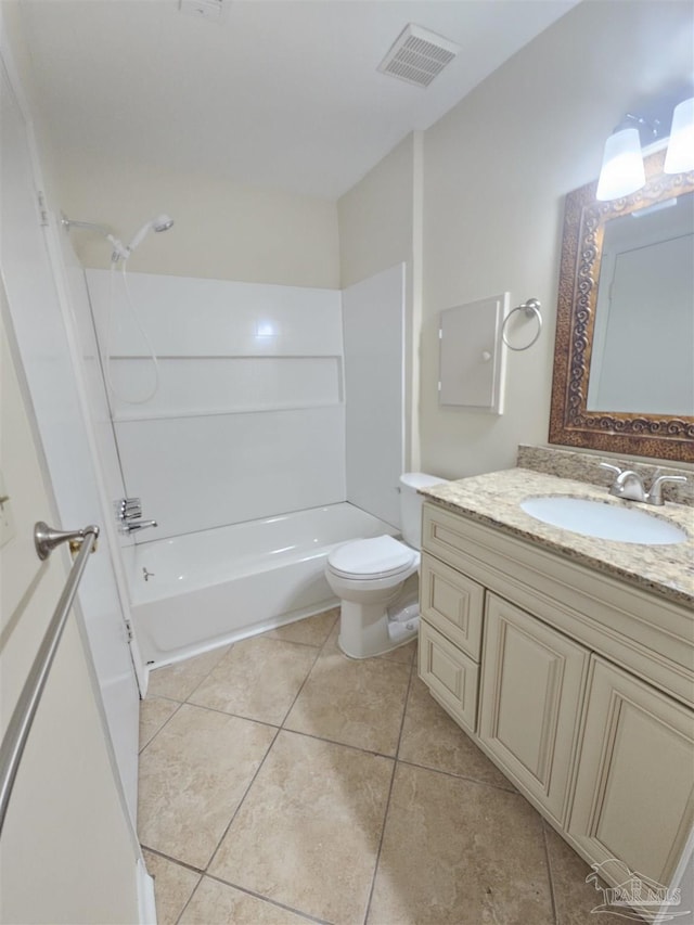 full bathroom with shower / tub combination, vanity, toilet, and tile patterned flooring