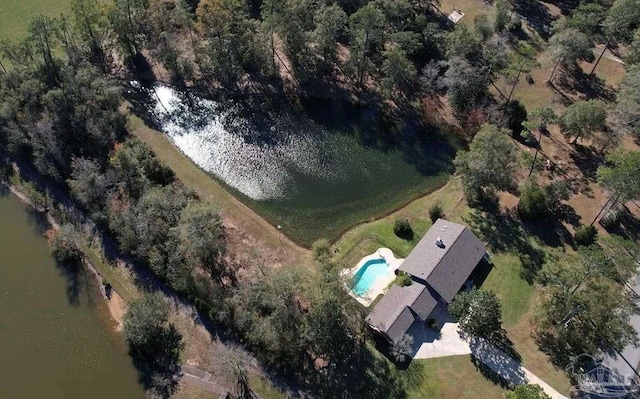 aerial view featuring a water view